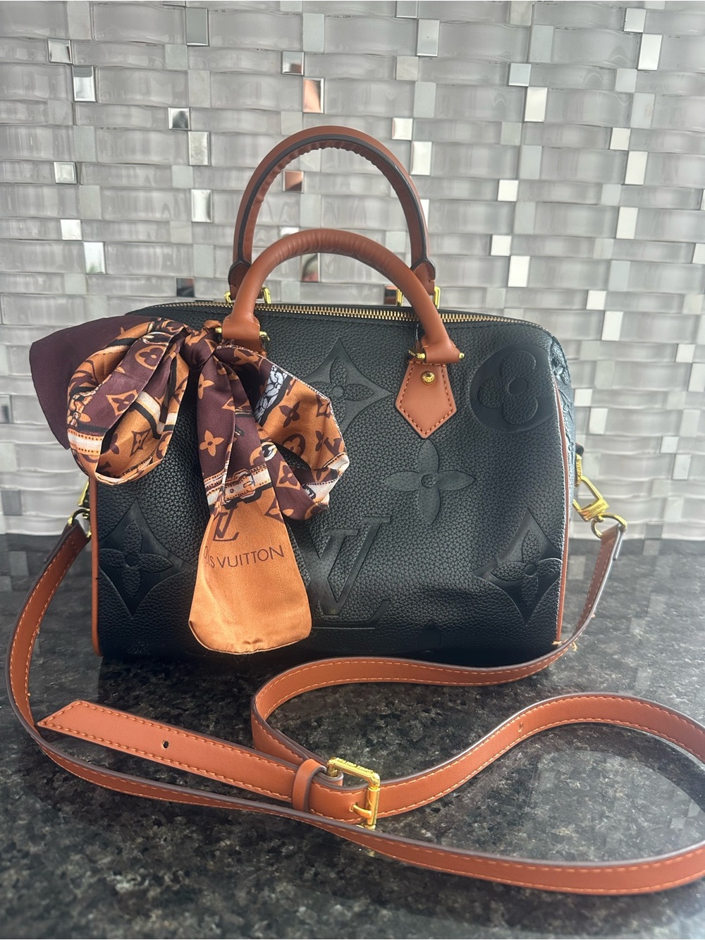 Louis Vuitton Black Monogram Style Handbag w/ Strap & Scarf